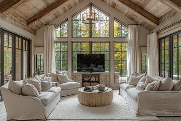 Cozy farmhouse-style living room with white oak flooring, light gray linen sofa, accent table, and chandelier, creating a warm, inviting atmosphere with soft lighting and white curtains.