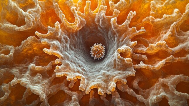Microscopic view reveals a virus particle penetrating a cell, highlighting the intricate details of cellular membranes and the viral mechanism of entry. This process is essential in virology studies.