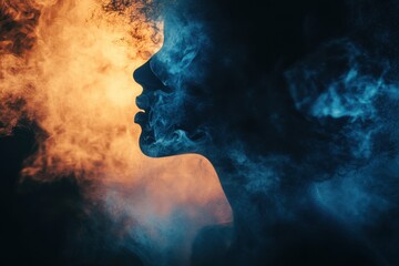 Ethereal Smoke Portrait of a Woman with Dramatic Color Contrast and Mystical Vibes