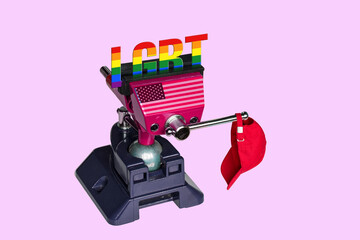 The word “LGBT” clamped in a carpenter’s vice on pink background, with US flag and red cap