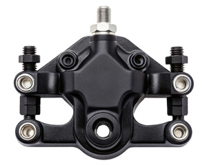 Black mechanical disc brake caliper on a transparent background