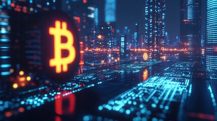 Fototapeta premium Futuristic cityscape with glowing bitcoin symbol digital finance technology 3d red neon data blue