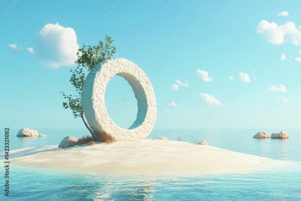 Poster a white circle is floating in the ocean next to a tree