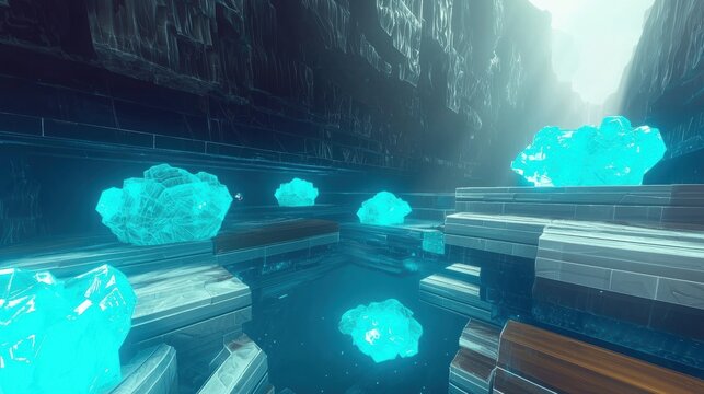 Futuristic, abstract canyon with glowing turquoise crystals. - Powered by Adobe