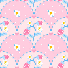 Cute seamless pattern with pink wild strawberries and delicate florals. Great for fabric, childrens designs, and botanical summer themes. Soft, pastel, and playful style
