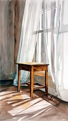 A minimal watercolor composition of a small wooden table beside a sheer curtain with sunlight pouring in. Ideal for interior and lifestyle visuals.