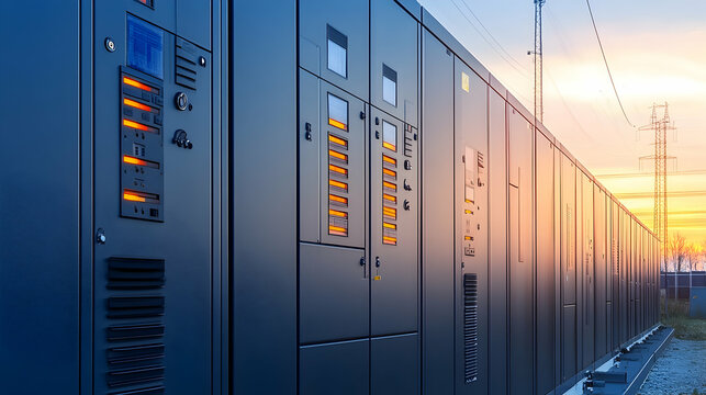 Modern electrical switchgear panels at sunset