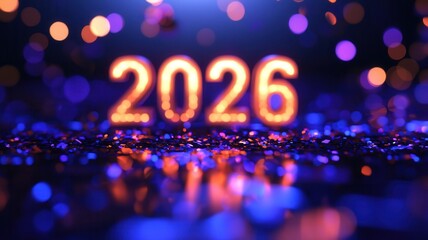 Sparkling golden 2026 digits resting on reflective surface, surrounded by golden confetti and blurred festive lights, celebrating new year's eve