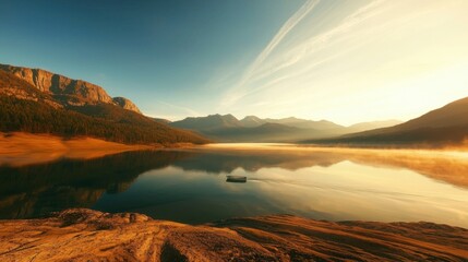 Fototapeta premium Serene mountain lake at sunrise with calm water reflecting the peaks.