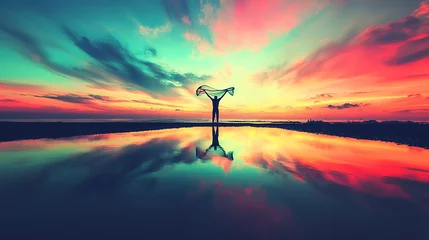 Poster Silhouette enjoying an inspiring sunset by the ocean, holding sheer fabric