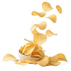 Heap of salty yellow fried potato chips snack isolated on white, potato chips falling isolated, pile of potato chips