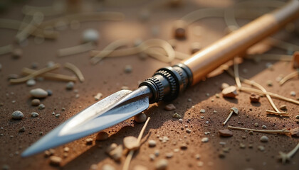 Naklejka premium African spear resting on a sandy surface with scattered debris 