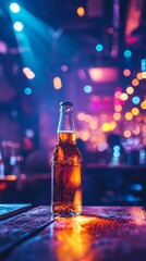 A bottle of beer is sitting on a wooden table in a bar