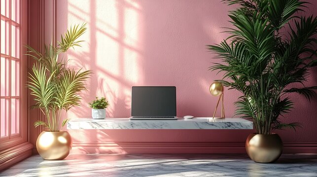 Modern Minimalist Office Scene with Laptop, Abstract Geometric Shapes, Plant on Marble Desk, Soft Natural Lighting, Ample Copy Space for Text Overlay, 3D Rendering Style, 