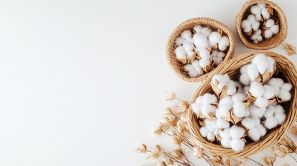 Cotton Bolls in Baskets on White Background