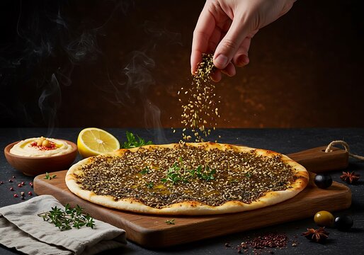 Delicious manouche being garnished with flavorful spices for serving