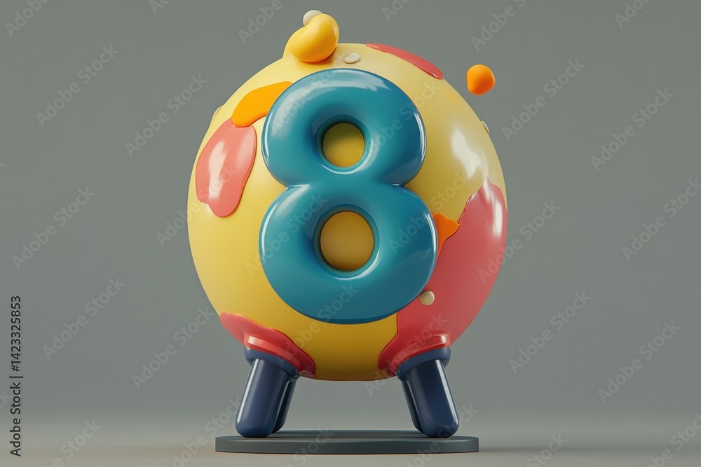 Poster the number 8 is broken into pieces and is surrounded by a large orange circle
