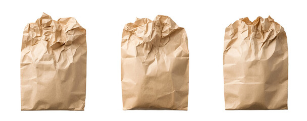 Three crumpled brown paper bags isolated on transparent background PNG