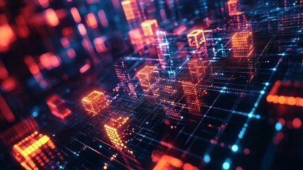 Obraz premium Abstract digital cityscape glowing red and blue cubes network 3d art data grid dots cyber space light