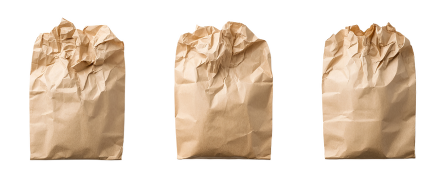 Three crumpled brown paper bags isolated on transparent background PNG