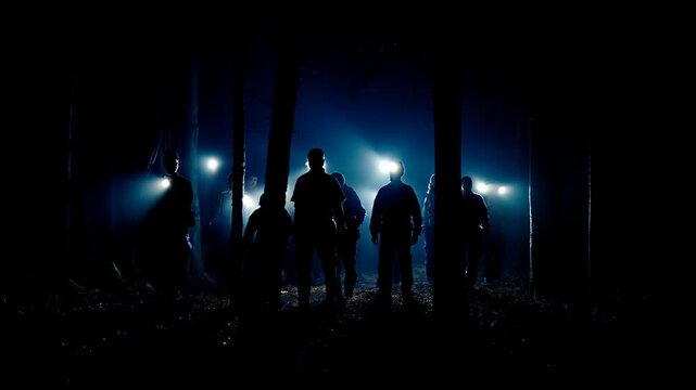 Search for missing persons in the forest, police and volunteers with flashlights in the forest, rays of light