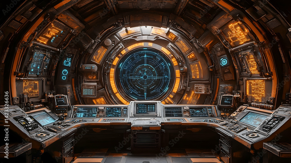 Poster futuristic spaceship cockpit with glowing controls and a starry background, showcasing advanced tech
