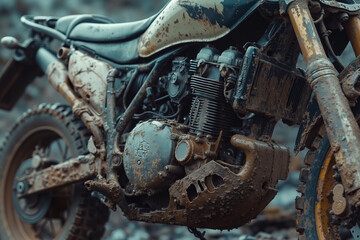 A rusty motorcycle sitting on top of a dirt road