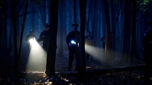 Silhouettes of police in the forest, search for missing persons in the forest, police and volunteers with flashlights in the forest, rays of light