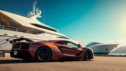 Supercar parked beside a luxury yacht in a tropical harbor, bright sunny day, cinematic shot from low angle with deep blue sky