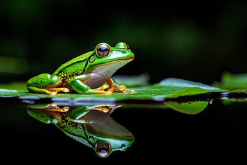 Obraz premium A green frog sitting on top of a leaf in the water