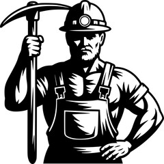 Mining Titan: A robust silhouette of a determined miner, standing tall with a pickaxe over his shoulder, embodies the strength and dedication of industry workers.