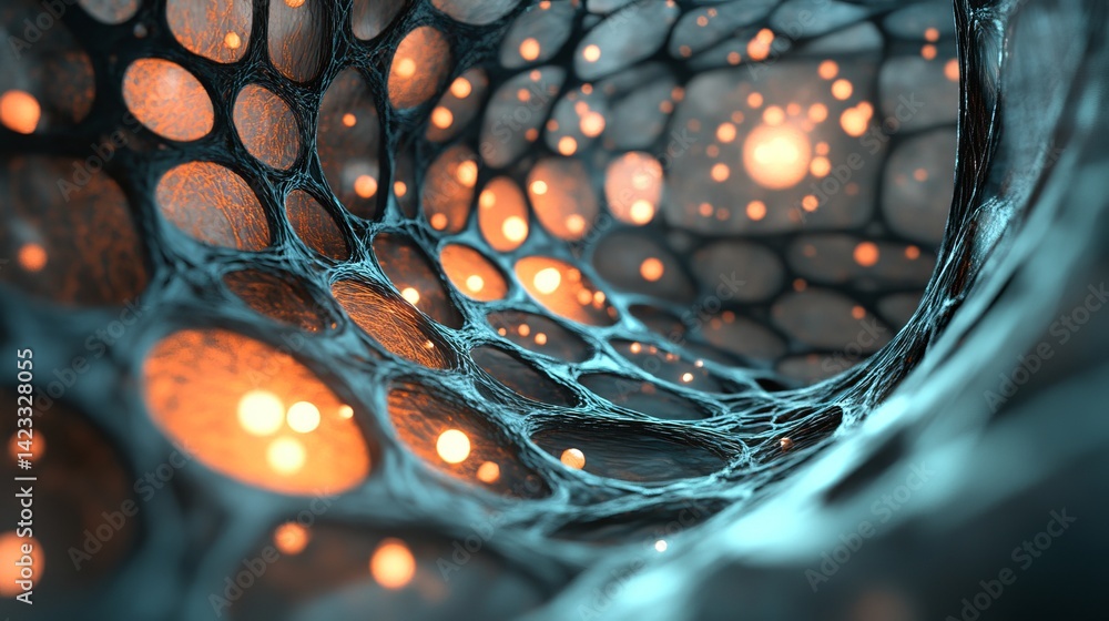 Poster abstract network structure with glowing orange lights teal background digital art 3d web mesh grid