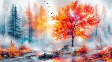 Naklejka premium Autumnal forest scene with vibrant colors, misty atmosphere