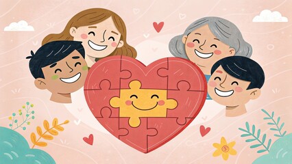 Cartoon family surrounding red puzzle heart with happy yellow center on light background. Concept of joyful connection and family belonging