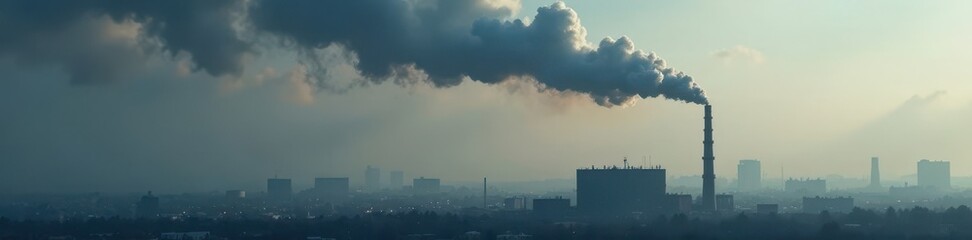 Thick grey smoke billowing from factory chimney, cityscape, cloud