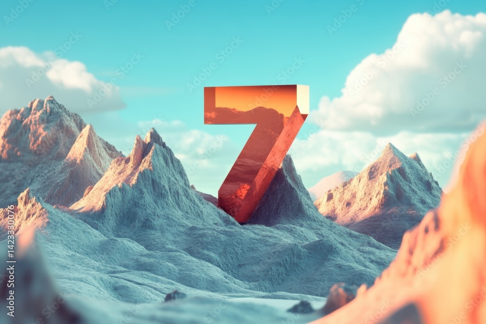 Poster a mountain range with a large number 7 in the middle