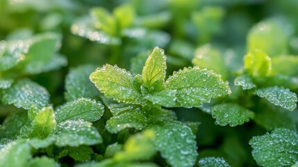 Fresh mint leaves glistening with morning dew in a vibrant garden setting during sunrise