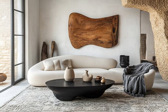 living room interior with sofa, A minimalist setting and white vases, set against an abstract beige wall with a textured pattern