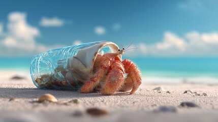 Hermit crab using a discarded plastic bottle as a shell on a beach, illustrating the impact of plastic pollution and global warming on marine life.