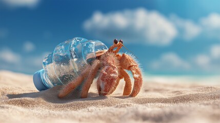 Hermit crab using a discarded plastic bottle as a shell on a beach, illustrating the impact of plastic pollution and global warming on marine life.