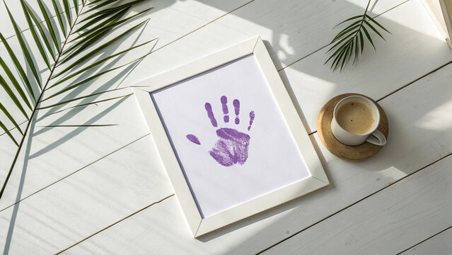 Framed purple handprint on white wooden floor with coffee and leaves in sunlight. Concept of childhood memory and sentimental home life