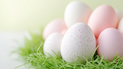 Fototapeta premium A cluster of pastel pink and speckled white Easter eggs resting in green grass against a soft, bright background.