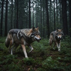 Fototapeta premium Wolves Chasing Prey in a Forest