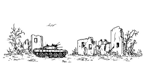 Naklejka premium tank in war ruins hand drawn vector illustration