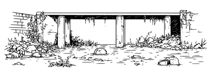 abandoned concrete structure overgrown with plants hand drawn vector illustration