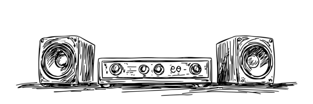 vintage stereo amplifier with speakers hand drawn vector illustration