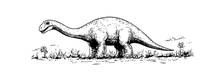 long neck dinosaur walking on grass vector doodle sketch illustration