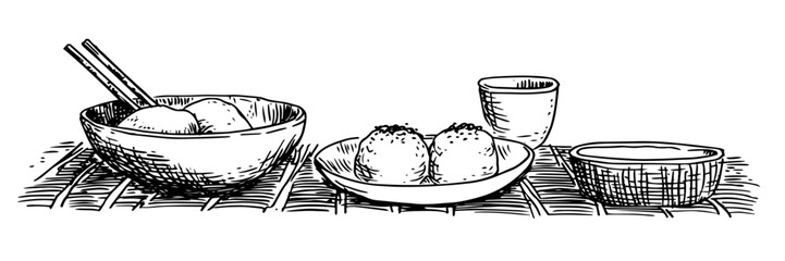 asian food with rice bowl dumplings and tea vector doodle sketch illustration
