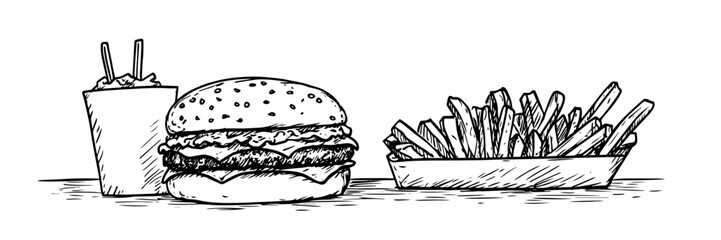 fast food meal with burger fries and drink doodle sketch vector