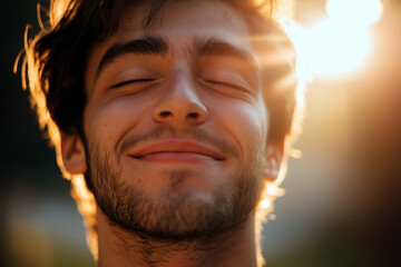 Close-up portrait of a young man smiling with eyes closed and sunlight on his face, peaceful and confident.